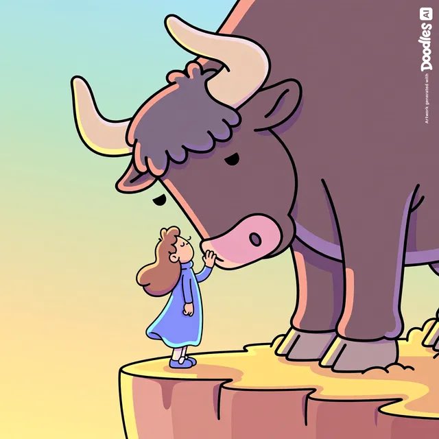 A cartoon illustration by Doodles showing a small girl in a blue dress petting the nose of a large, purple, fluffy bull standing on a yellow surface against a gradient sky.