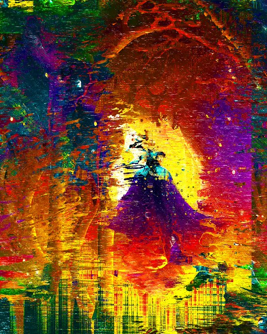 an abstract, colorful painting featuring vibrant splashes of yellow, red, purple, and green, with a dark silhouetted figure in the center.
