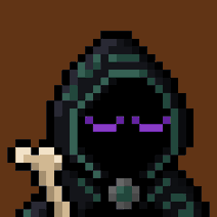 A pixel art hooded figure in dark robes with glowing purple eyes, resembling a sorcerer or grim reaper, representing the "Mancer" character referenced in the FolkTreasury announcement about acquiring Mancer #4100.