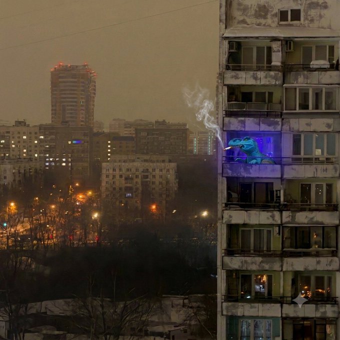 A nighttime cityscape featuring a weathered apartment building with a blue, glowing dinosaur-like mural on one of its balconies, with smoke rising from it.