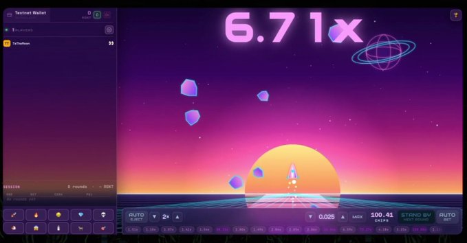 A crash-style gambling game screen displaying a 6.71x multiplier with a rocket about to launch in a colorful retro-futuristic setting.