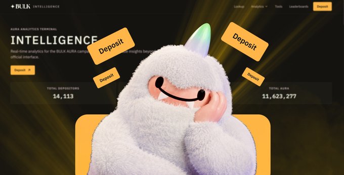 A plush mascot character with a rainbow horn is surrounded by floating 'Deposit' buttons, set against a 'BULK INTELLIGENCE' website interface showing total deposits of 14,113 and total AURA of 11,623,277.