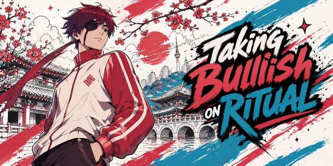 The image features a cartoon character wearing a red and white jacket, standing against a colorful background with buildings and trees. The text "Taking Bullish on Ritual" is written above the character's head, while the phrase "Gritual @ Ritualnet Ritual: Autonomous Intelligence Ritual: AI Agent Infrastructure Ritual: RitualVM Ritual: Modular Compute Layer Ritual: Onchain AI Execution Ritual: Permissionless Intelligence Ritual: Built for Agents" is below the character. The image seems to be related to a post about rituals or AI, as it includes an illustration of a character and text that could be part of such a discussion.