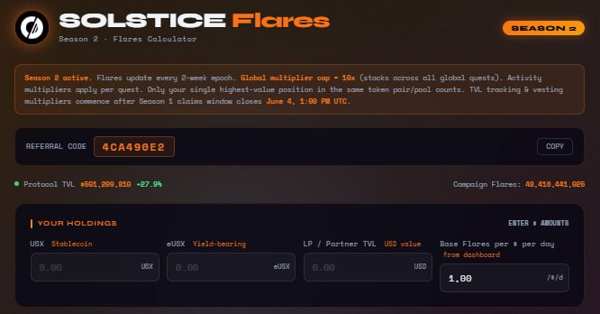 "Season 2 of Solstice Fielses. Making a flares calculator for @solsticefi Season 2. This is an interesting activity made by @solsticefi, which involves the calculation of Flares using inputs provided at this website. The calculated values are displayed below the input fields, showing how much Flares you can expect to receive per day, weekly, and month."