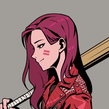 Stylized digital illustration of a woman with red hair and facial markings wearing a red leather jacket, holding a sword or staff, shown in profile.