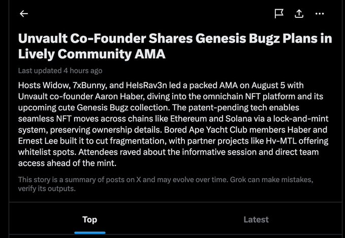 A screenshot of an article titled 'Unvault Co-Founder Shares Genesis Bugz Plans in Lively Community AMA,' discussing an omnichain NFT platform and its Genesis Bugz collection built by Bored Ape Yacht Club members Aaron Haber and Ernest Lee.