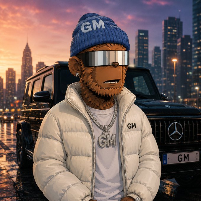 A digital illustration of a brown bear wearing a blue beanie with "GM" text, futuristic reflective sunglasses, and a white puffer jacket with "GM" on the chest, standing in front of a black Mercedes-Benz SUV with "GM" license plate against a city skyline at sunset.