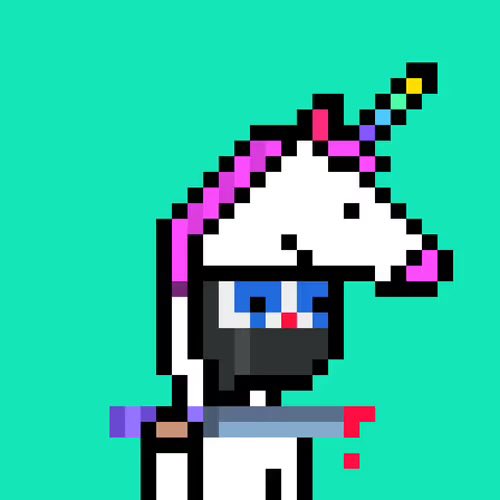 A pixel art character on a green background featuring a person wearing a white wizard or unicorn hat with a rainbow horn, sunglasses, and a red mouth.
