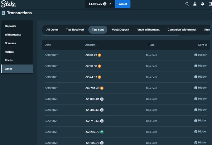 A Stake.com Transactions page showing the 'Tips Sent' tab with various transactions ranging from $524.07 to $4,791.48, with wallet balance of $1,959.22 displayed at the top.