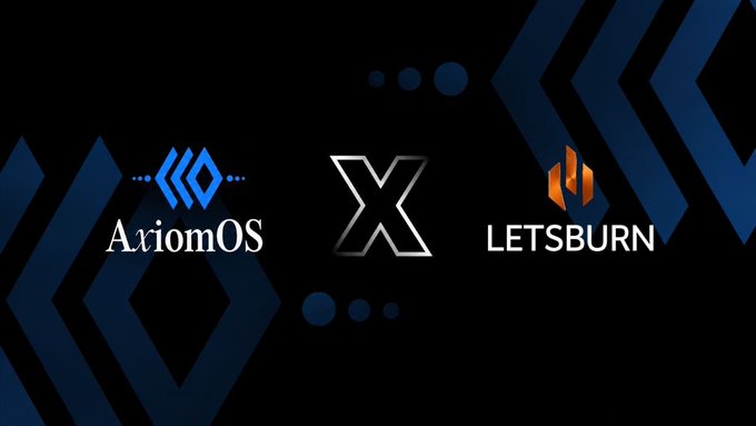 A dark partnership banner featuring the AxiomOS logo on the left, a metallic "X" symbol in the center, and the Letsburn logo on the right, visually representing the collaboration between the two brands highlighted in the post.