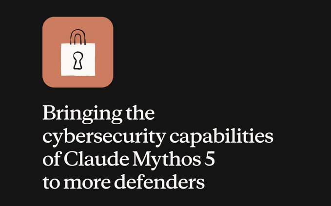 A minimalist graphic with a peach-colored padlock icon and text reading 'Bringing the cybersecurity capabilities of Claude Mythos 5 to more defenders' on a black background.