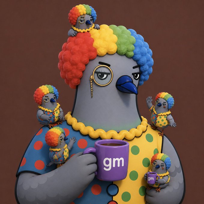 A whimsical 3D illustration of a gray pigeon with a rainbow afro, monocle, and colorful polka-dot shirt holding a purple mug labeled 'gm', surrounded by smaller pigeons with similar hairstyles.