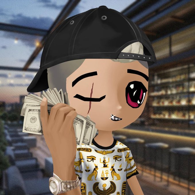 An animated/chibi-style character wearing a backwards black cap and an Egyptian-patterned shirt, winking while holding a fan of hundred-dollar bills near their face, with a modern building background.