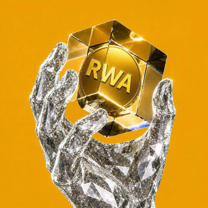 The image features a hand holding a golden trophy with the word "RWA" written on it. The trophy appears to be made of glass or crystal material. The background color of the image is yellow, which contrasts with the gold color of the trophy. The caption below the image reads, "The Hundred Cities Thousand Talents Program starts tomorrow. RWA belongs to diamond hands. RWA'S first target is 50 million, ultimate target 1 billion—one step to retirement."
