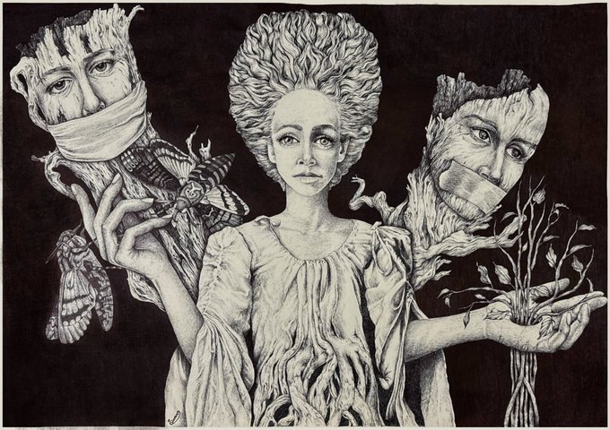 A striking black-and-white illustration depicts a serene woman with flowing, root-like hair and a nature-woven dress, flanked by two bandaged, tree-trunk-like figures—one cradling moths in its hand and the other holding a small plant—evoking the post's theme of Mother Earth as a guardian of life and the natural world. The artwork's earthy, organic imagery directly visualizes the artist's message about environmental stewardship and supporting the planet.