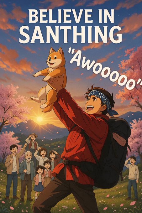 An anime-style illustration of a man in red holding up a Shiba Inu puppy against a sunset, with the text 'BELIEVE IN SANTHING' and 'Awooooo' alongside cheering onlookers and cherry blossoms.