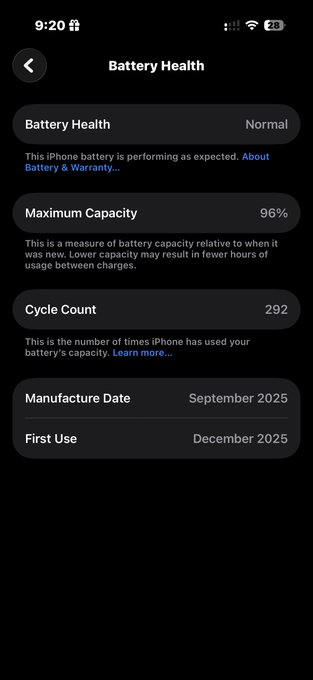 A screenshot of an iPhone Battery Health settings page shows Maximum Capacity at 96% and Cycle Count at 292, supporting the poster's surprise as their battery health dropped from 99% to 96% in just one month.