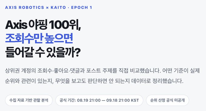 A Korean-language promotional page titled 'AXIS ROBOTICS x KAITO · EPOCH 1', asking if the user can achieve the highest payout by reaching top 100 in the Axis ranking.