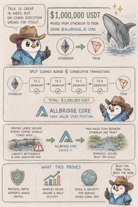An infographic featuring a penguin mascot explaining how $1,000,000 USDT was moved from Ethereum to Tron using Allbridge Core in 4 transactions.