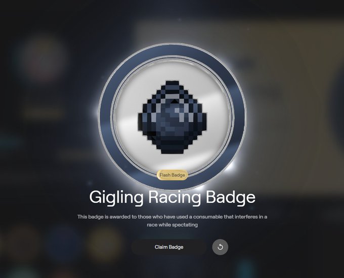A digital badge titled 'Gigling Racing Badge' described as being awarded to those who have used a consumable that interferes in a race while spectating, with a pixelated blue icon and 'Claim Badge' button.