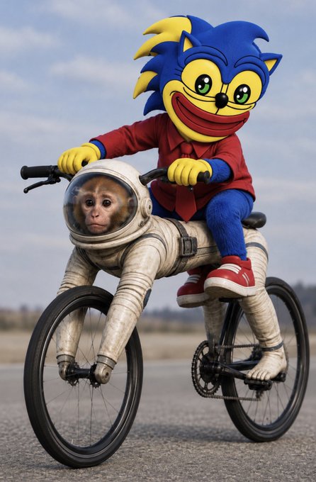 An unusual, surreal scene features a monkey in a spacesuit-like outfit pedaling a bicycle while a person in a Sonic the Hedgehog mascot costume rides on its back.