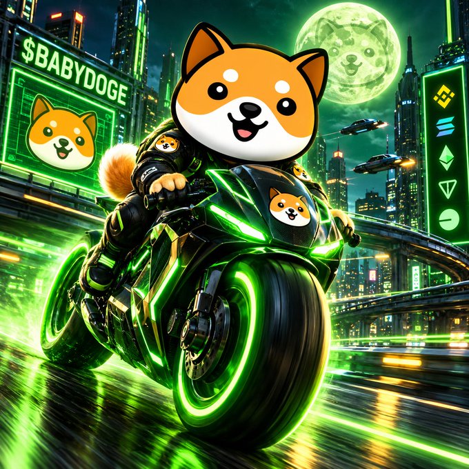 A digital artwork of a Shiba Inu dog (BabyDoge) riding a futuristic green neon-lit motorcycle through a cyberpunk cityscape, with '$BABYDOGE' displayed on a billboard.
