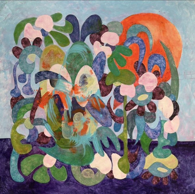 An abstract painting composed of swirling, organic shapes in shades of green, blue, pink, and orange, with a large orange circle in the upper right corner, all set against a blue background and a dark purple base.