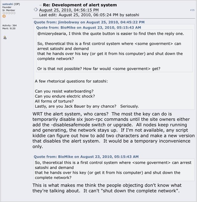 Screenshot of a forum thread titled 'Re: Development of alert system' posted by satoshi (OP), discussing Bitcoin alert system controls and emergency shutdown capabilities.