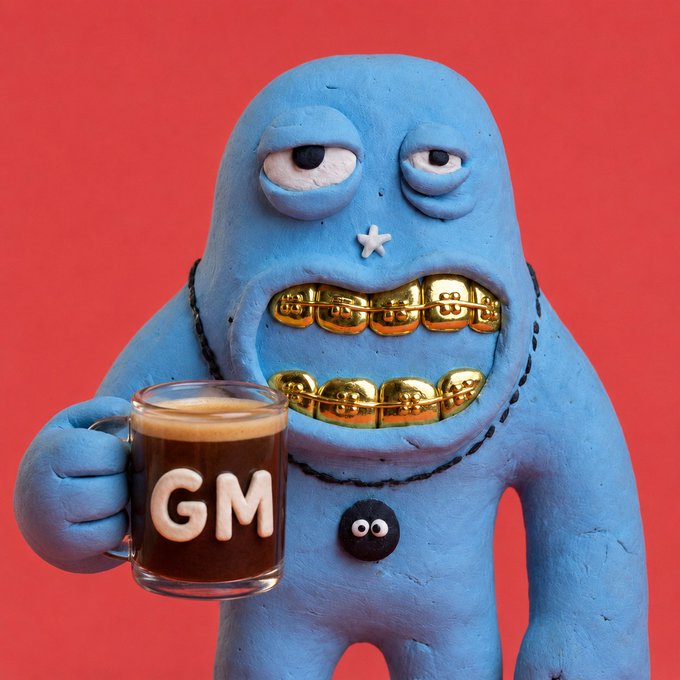 A claymation-style blue creature with gold teeth holds a mug labeled 'GM' against a red background.