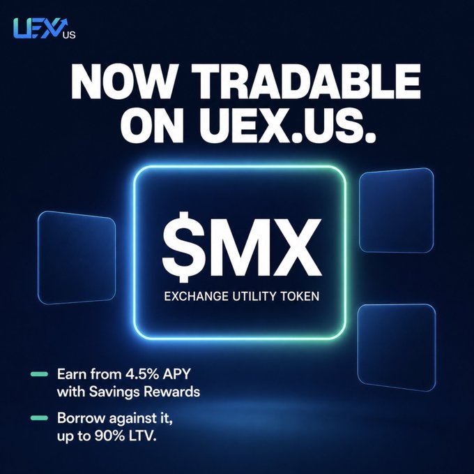 A promotional graphic from UEX.US announces that the $MX Exchange Utility Token is now tradable on their platform, highlighting key benefits including earning from 4.5% APY through Savings Rewards and borrowing up to 90% LTV against holdings. The image directly visualizes the post's message about the token's utility features now being available on UEX.US.