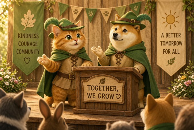 A whimsical illustration of a cat and a dog dressed in green medieval-style cloaks and hats at a wooden podium labeled 'TOGETHER, WE GROW,' flanked by banners reading 'KINDNESS COURAGE COMMUNITY' and 'A BETTER TOMORROW FOR ALL.'
