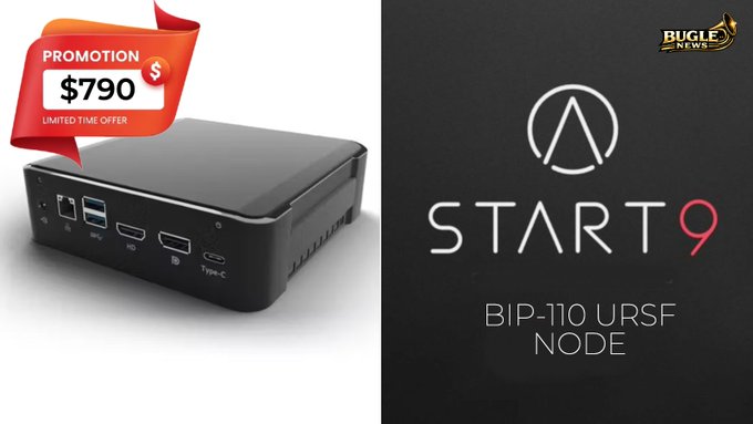 A promotional advertisement for the 'START 9 BIP-110 URSF NODE' by Bugle News, priced at $790 as a limited time offer, showing a small black hardware device.