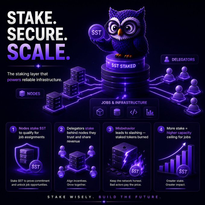 A purple-toned infographic titled "STAKE. SECURE. SCALE." featuring an owl mascot holding a $ST coin above a "SST STAKED" pedestal, with four panels explaining the staking process: nodes staking $ST for job assignments, delegators backing trusted nodes, slashing for misbehavior, and increased stake yielding higher job capacity, with the tagline "STAKE WISELY. BUILD THE FUTURE."