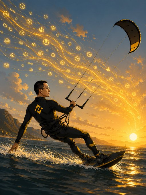 The image features a man surfing on water, holding onto a surfboard while being pulled by a kite. The scene takes place at sunset, with the sky filled with yellow and orange hues. The photo has been edited to include a watermark that reads "@cz_binance". This suggests that the image might be related to cryptocurrency or digital currency, as it is referred to as "@cz_binance" in one description and " cryptocurrency" in another.