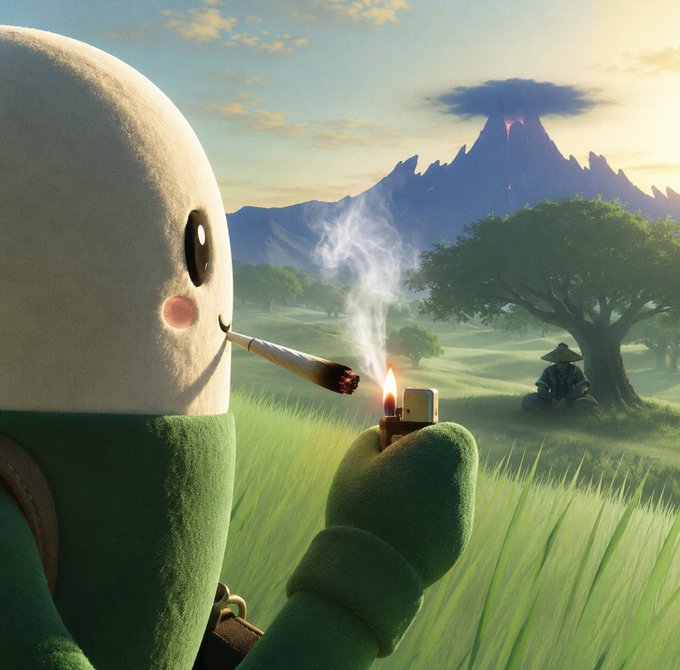 An illustration of a small, round, white and green character smoking a cigarette with a lighter, set against a mountainous landscape with a distant figure under a tree.