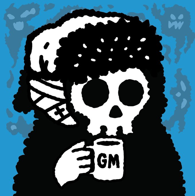 A stylized black-and-white illustration features a skeletal figure with a skull face and exposed teeth, holding a mug labeled 'GM' against a blue background with shadowy ghost shapes.