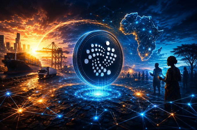 Futuristic digital artwork featuring a glowing Cardano (ADA) coin at the center, surrounded by shipping containers, a cargo ship, an Africa map made of network nodes, and silhouetted figures with smartphones, set against a dramatic sunset.
