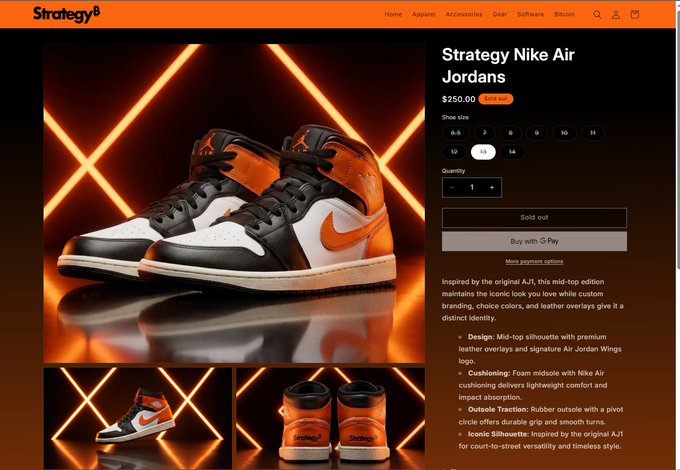 An e-commerce product page for 'Strategy Nike Air Jordans' priced at $250.00 (marked Sold Out), featuring black, white, and orange sneakers.