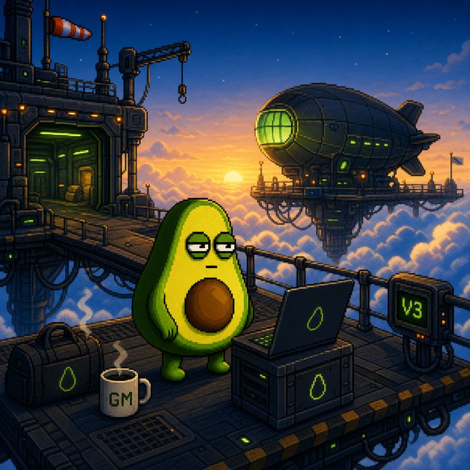 An illustration of an avocado character working on a laptop labeled 'V3' with a 'GM' mug on a platform above clouds at sunset, with an airship in the background.