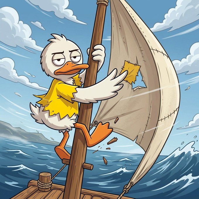 Cartoon illustration of a white duck wearing a tattered yellow shirt, looking exhausted as it clings to a damaged sail on a boat during a storm.