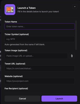 A dark-themed interface screen for "Launch a Token" with input fields for Token Name, Ticker Symbol, Token Image, Tweet URL, Website, and Fee Recipient, with purple "Launch" and gray "Cancel" buttons.