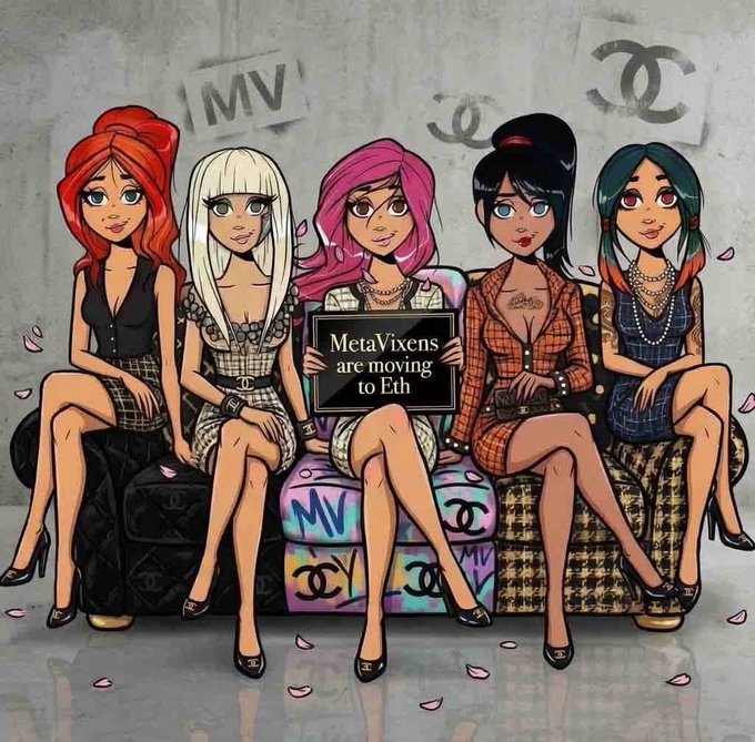 A cartoon illustration of five stylishly dressed women sitting together, with 'MV' and Chanel logos in the background, and a sign reading 'MetaVixens are moving to Eth'.