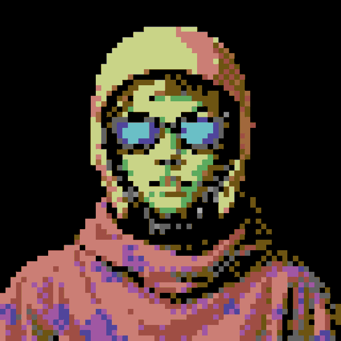 A heavily pixelated, low-resolution portrait of a blonde person wearing blue sunglasses and a pink/red top against a black background.