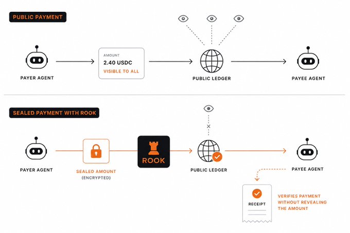 A technical diagram comparing 'PUBLIC PAYMENT' and 'SEALED PAYMENT WITH ROOK' workflows, illustrating how an encrypted USDC transaction amount is verified on a public ledger without revealing its value.