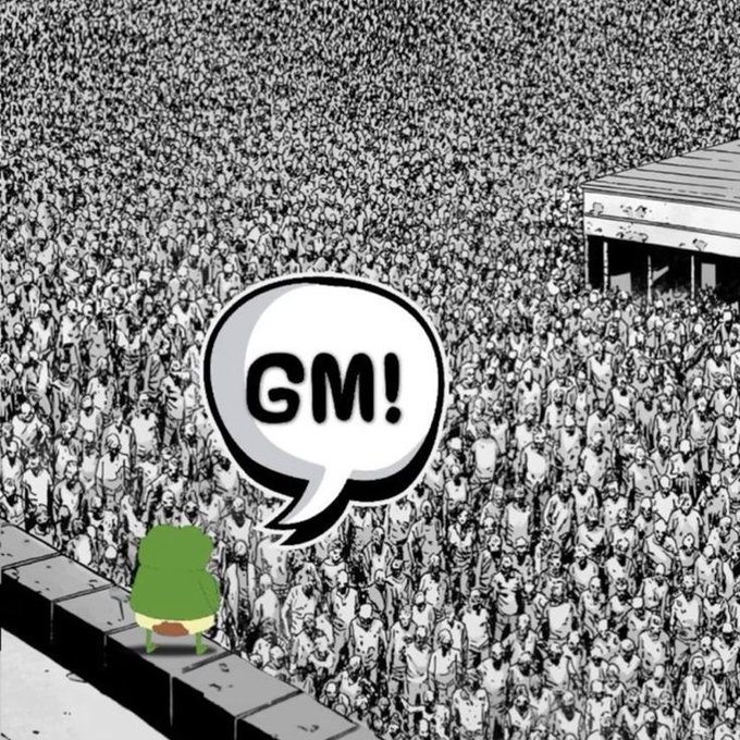 A small green frog character stands on a ledge addressing a massive black-and-white crowd, with a speech bubble saying "GM!"