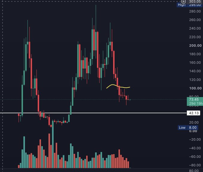 A candlestick price chart shows a volatile asset with a high of $303.05, low of $8.00, and recent trading around $73-80 (with a 19h change), accompanied by a yellow hand-drawn squiggle mocking the price action. The chart visually illustrates the contrast the post highlights—strong on-chain metrics juxtaposed with a sustained downtrend, as evidenced by the long sequence of red candles on the right side of the chart suggesting multiple consecutive monthly losses.