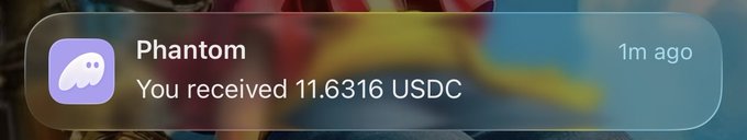 A Phantom wallet notification displays "You received 11.6316 USDC" from 1 minute ago, illustrating the referral commissions the user mentioned earning when others traded through their bot. The notification visually supports their message about accumulating small USDC rewards from referrals.