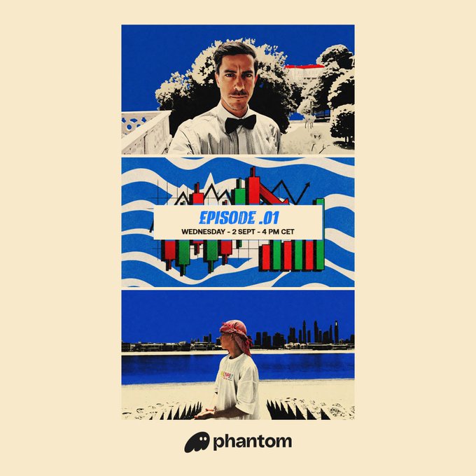 A vertically stacked artistic poster for 'phantom' EPISODE .01 on WEDNESDAY - 2 SEPT - 4 PM CET, featuring a man in a tuxedo, abstract wave patterns, and a person looking at a city skyline.