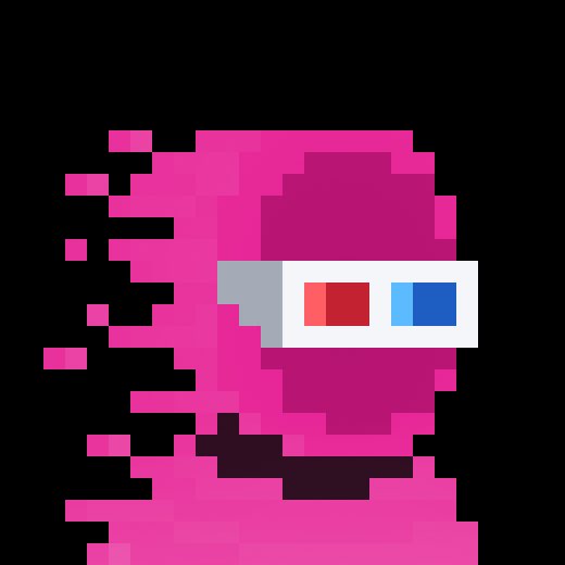 Pixel art illustration of a pink Among Us crewmate character wearing 3D glasses against a black background.