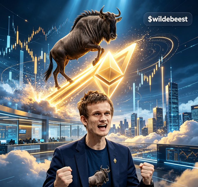A digital illustration features Vitalik Buterin with clenched fists in front of a trading background, an Ethereum logo, a leaping wildebeest, and the word '$wildebeest' in the corner.